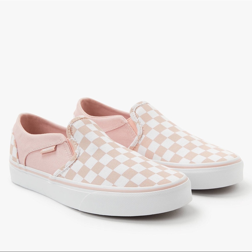 Pink checkered slip on vans